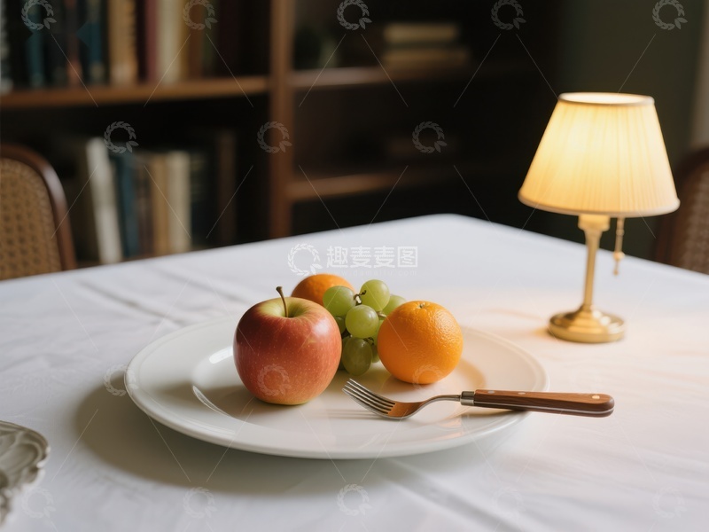 高清大图下载【趣麦麦图】水果盘与温馨台灯