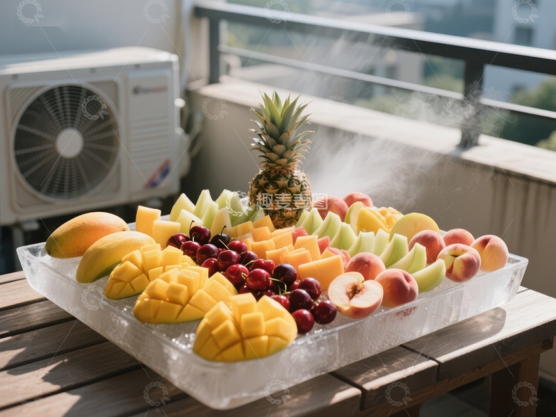 高清大图下载【趣麦麦图】新鲜水果拼盘，冰块上冒着蒸汽
