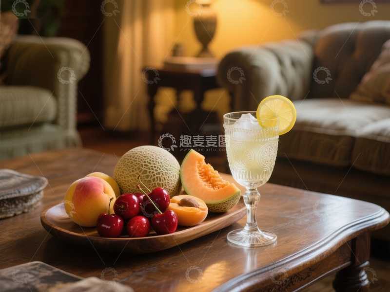 高清大图下载【趣麦麦图】客厅茶几上的水果拼盘与清凉饮品