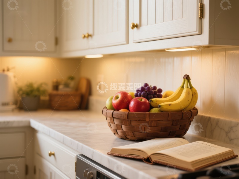 高清大图下载【趣麦麦图】厨房台面上的水果篮与书