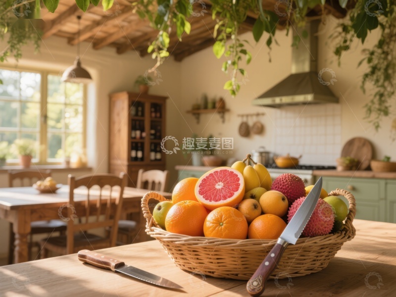 高清大图下载【趣麦麦图】厨房里的水果篮与刀具