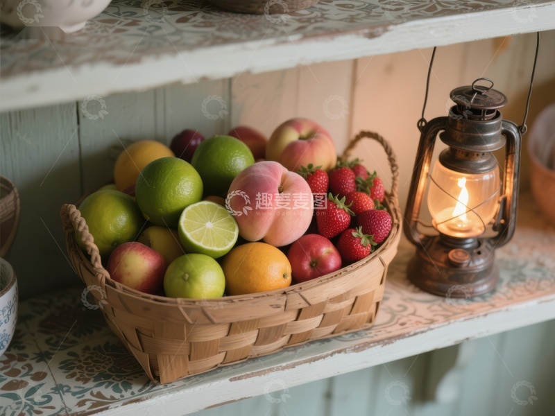 高清大图下载【趣麦麦图】水果篮与复古灯笼的温馨角落