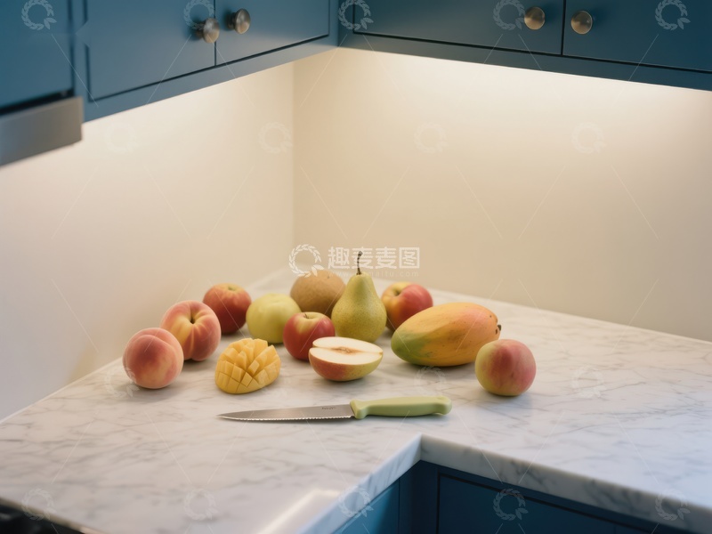 高清大图下载【趣麦麦图】厨房台面上的水果与刀具