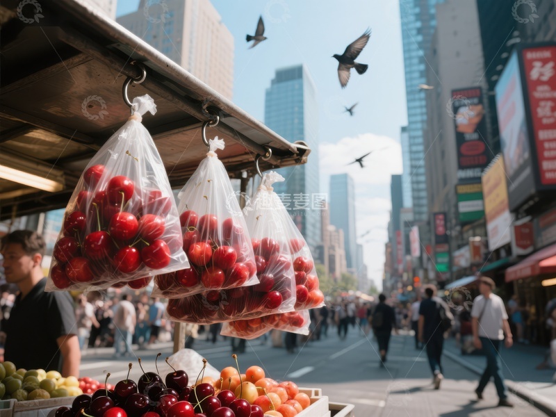 高清大图下载【趣麦麦图】街头樱桃摊位与城市繁华景象