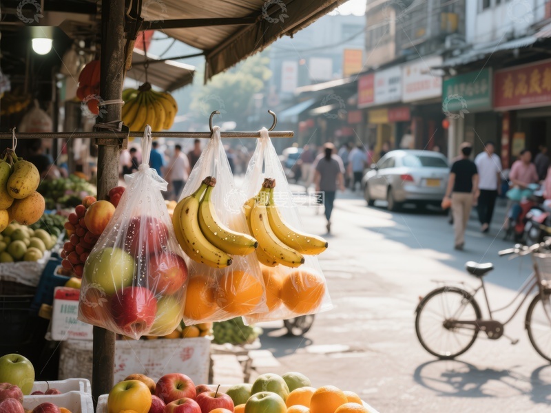 高清大图下载【趣麦麦图】街头水果摊，行人与自行车穿梭