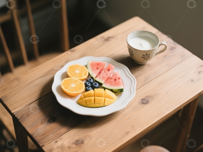 高清大图下载【趣麦麦图】木桌上的水果拼盘与咖啡杯
