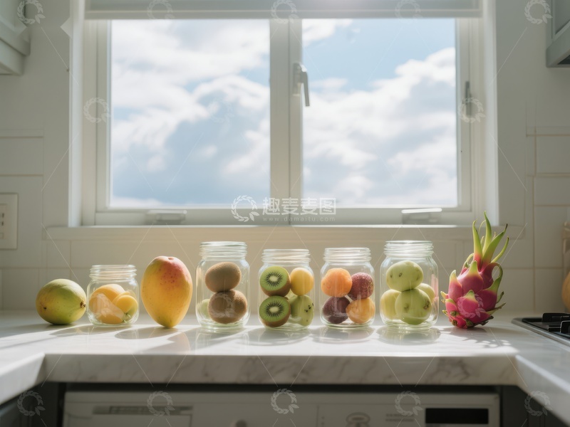 高清大图下载【趣麦麦图】窗边的水果与罐装食品