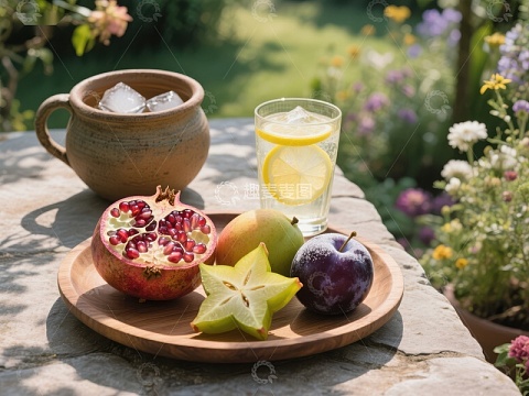 夏日花园里的水果与饮品