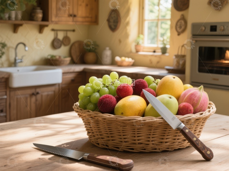 高清大图下载【趣麦麦图】厨房桌上的水果篮与刀具