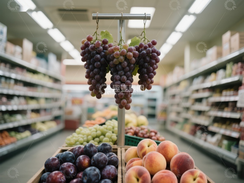 高清大图下载【趣麦麦图】超市水果区展示新鲜葡萄与桃子