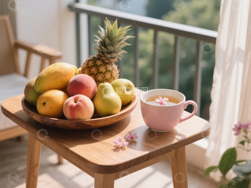 高清大图下载【趣麦麦图】阳台上的水果与茶杯