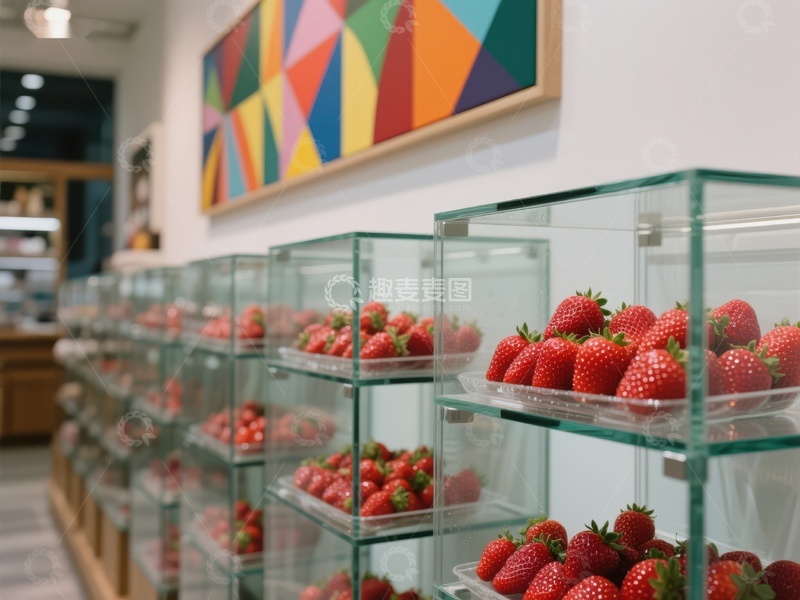 高清大图下载【趣麦麦图】新鲜草莓陈列于透明展示柜中