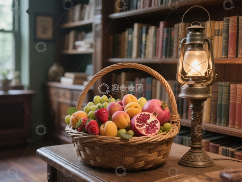 高清大图下载【趣麦麦图】书房里的水果篮与古灯