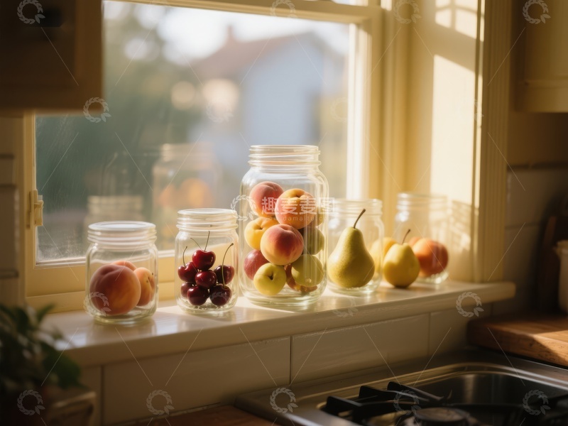 高清大图下载【趣麦麦图】窗台上的玻璃罐与新鲜水果
