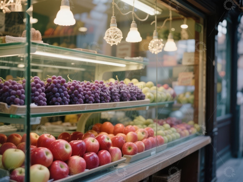 高清大图下载【趣麦麦图】水果店橱窗展示新鲜葡萄和苹果