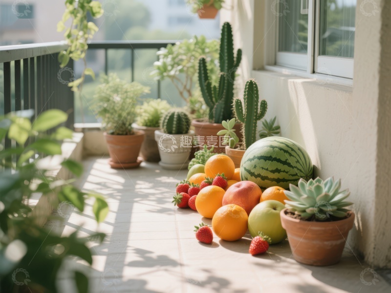高清大图下载【趣麦麦图】阳台上的绿植与新鲜水果