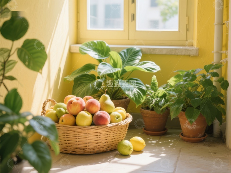 高清大图下载【趣麦麦图】窗边水果篮与绿植