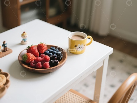 桌上摆放的水果盘与黄色杯子