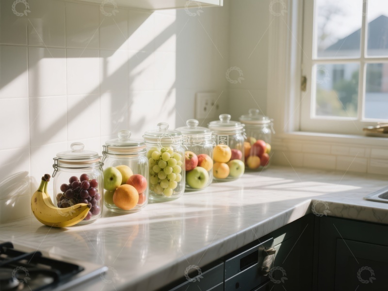 高清大图下载【趣麦麦图】厨房窗台上的水果与罐装食品