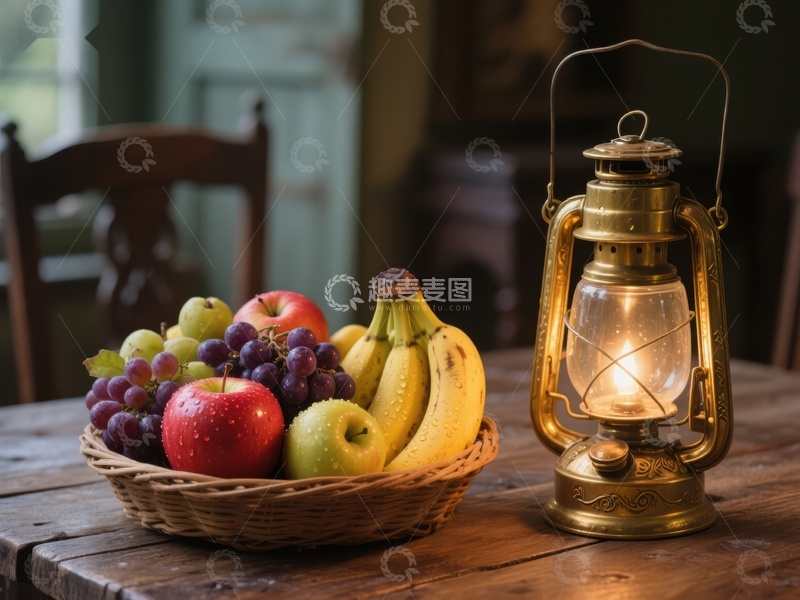 高清大图下载【趣麦麦图】水果篮与复古油灯静物