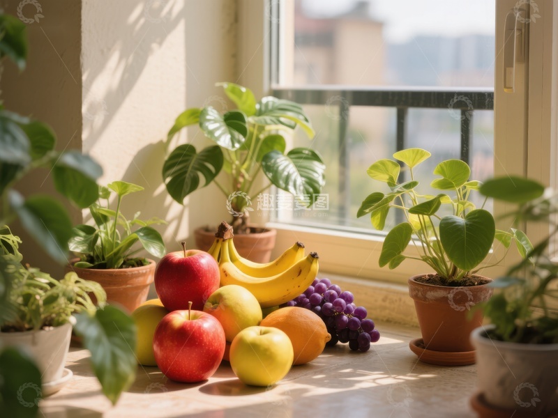 高清大图下载【趣麦麦图】窗台上的水果与绿植