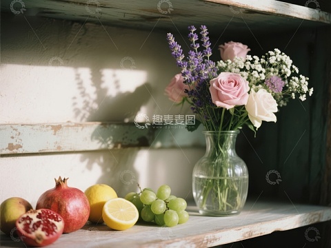 花瓶与水果的静物组合