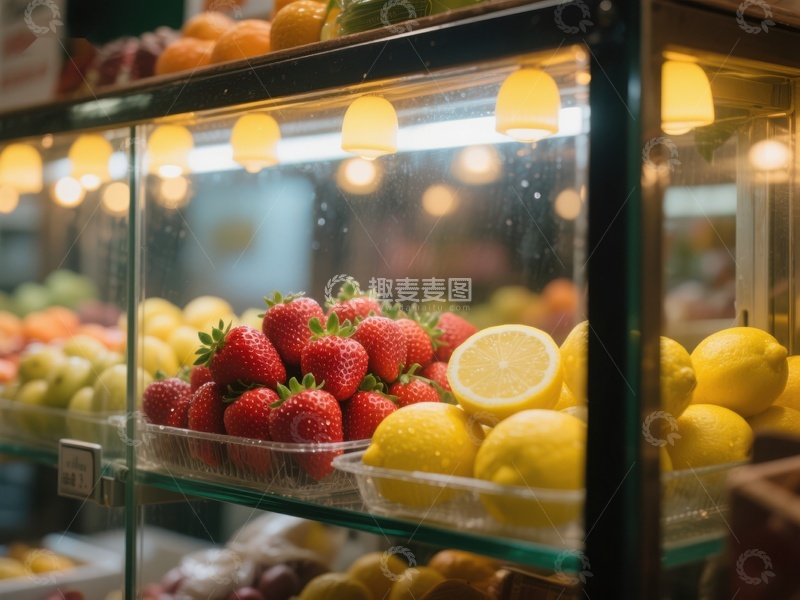高清大图下载【趣麦麦图】新鲜草莓与柠檬展示柜