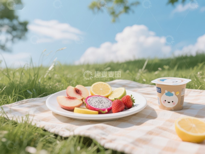 高清大图下载【趣麦麦图】户外野餐水果与酸奶