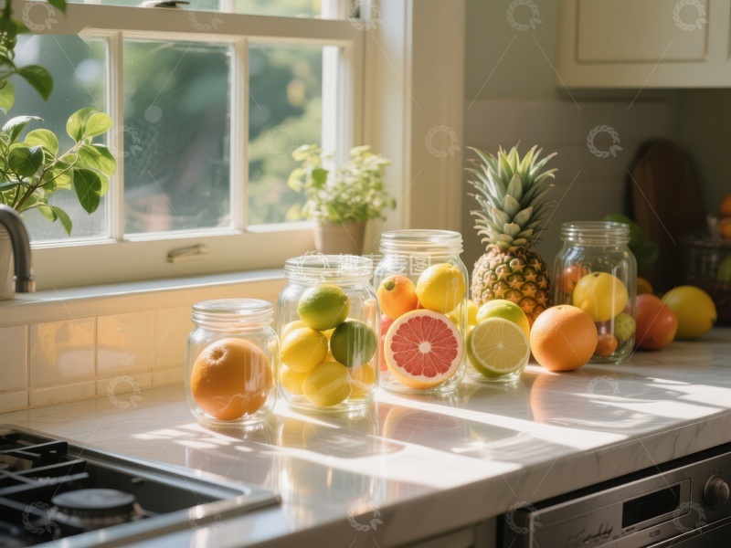高清大图下载【趣麦麦图】阳光洒满的厨房台面与新鲜水果