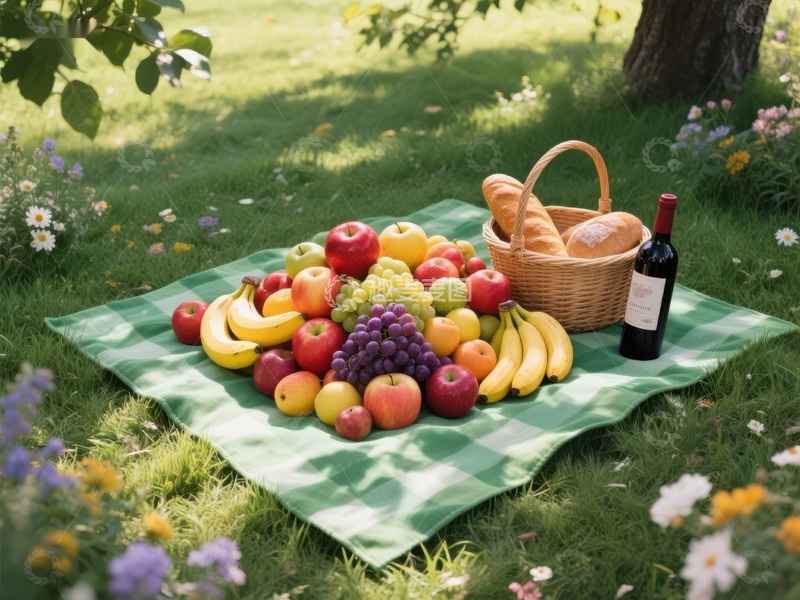 高清大图下载【趣麦麦图】户外野餐布上的水果篮与红酒