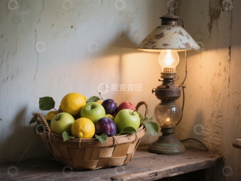 高清大图下载【趣麦麦图】复古台灯旁的水果篮