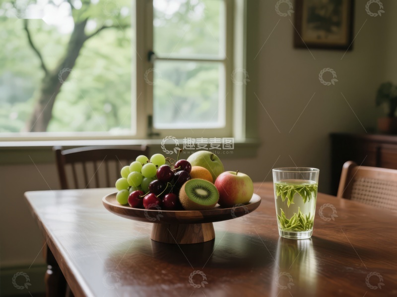 高清大图下载【趣麦麦图】窗边餐桌上的水果盘与绿茶