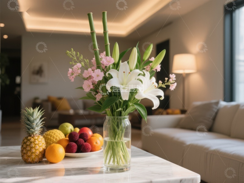 高清大图下载【趣麦麦图】客厅花瓶与水果装饰