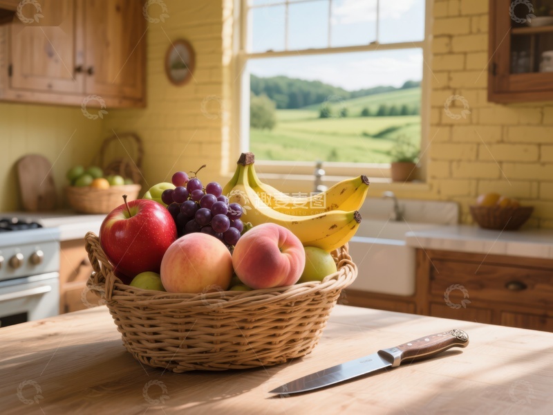 高清大图下载【趣麦麦图】厨房窗边的水果篮