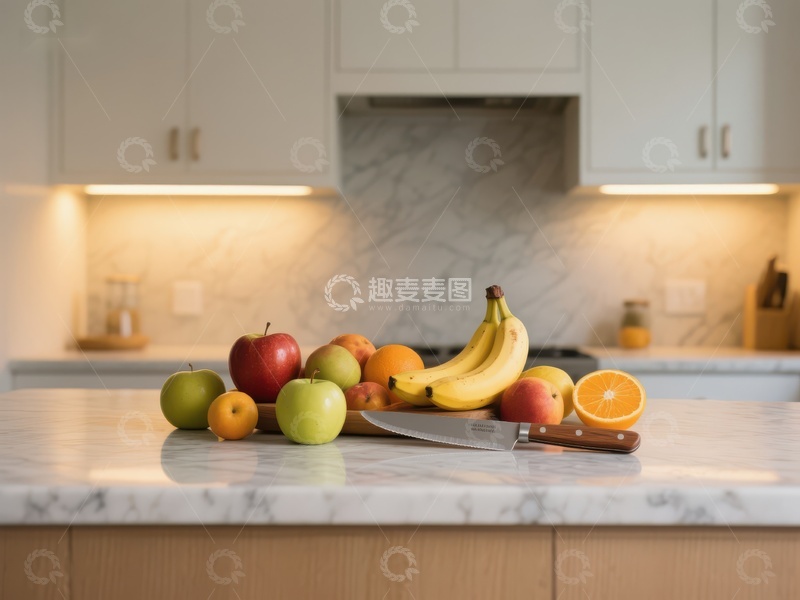 高清大图下载【趣麦麦图】厨房台面上的水果与刀具