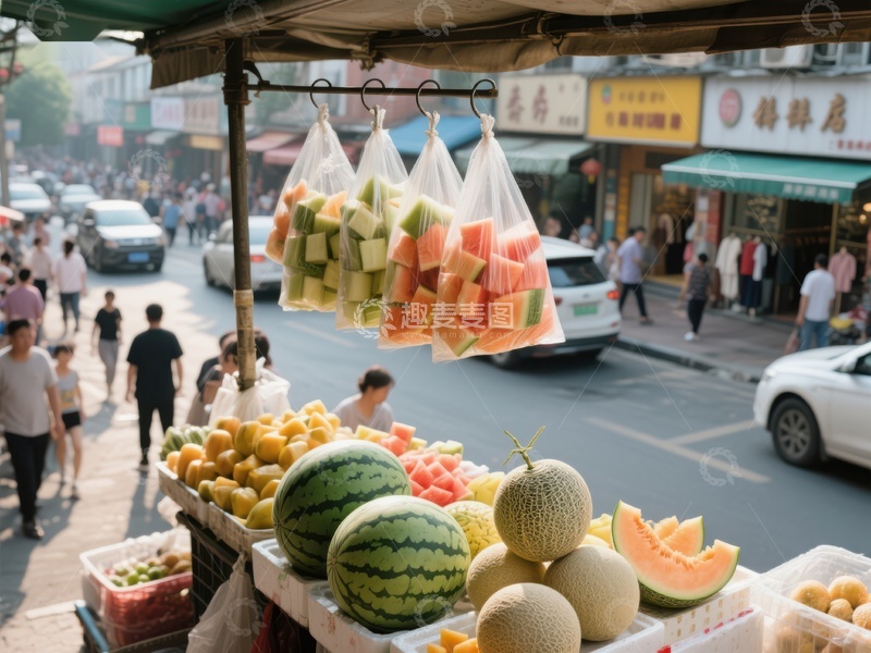 高清大图下载【趣麦麦图】街头水果摊，色彩缤纷吸引顾客