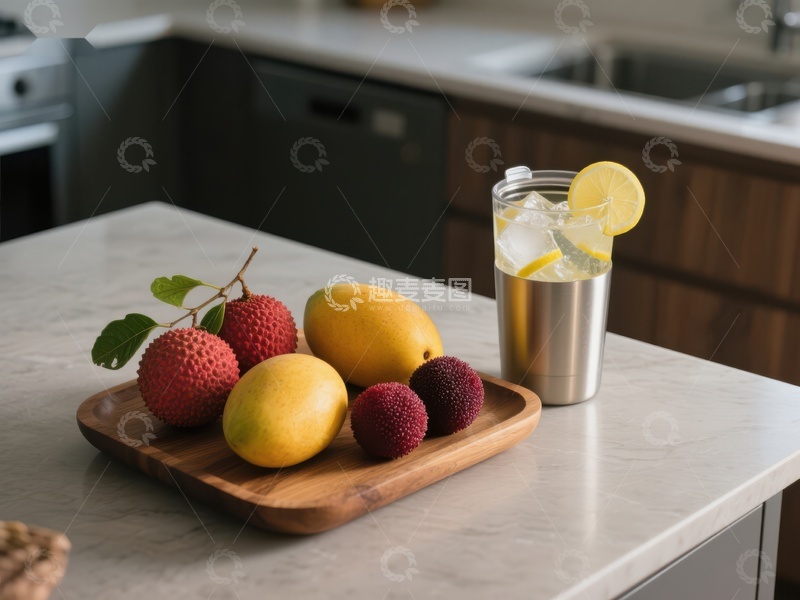高清大图下载【趣麦麦图】厨房台面的水果与柠檬水