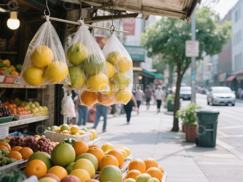 高清大图下载【趣麦麦图】街头水果摊，行人穿梭其间