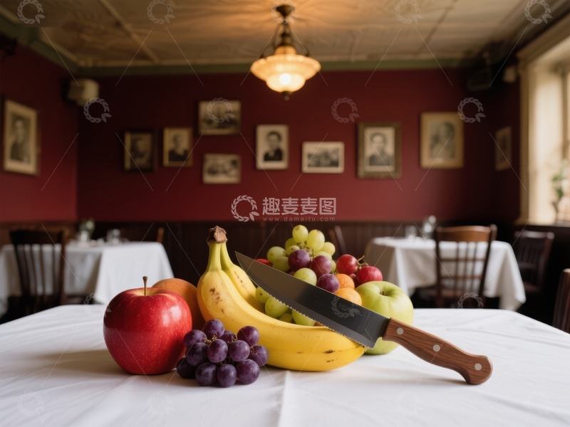 高清大图下载【趣麦麦图】餐厅桌上摆放的水果与刀具