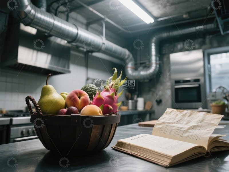 高清大图下载【趣麦麦图】工业风厨房中的水果篮与书本