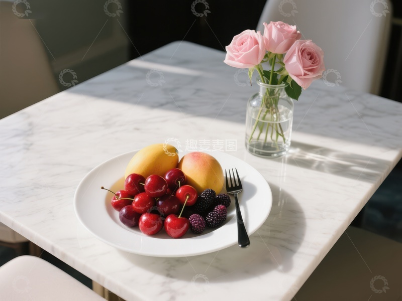高清大图下载【趣麦麦图】大理石桌上摆放的水果盘与玫瑰花