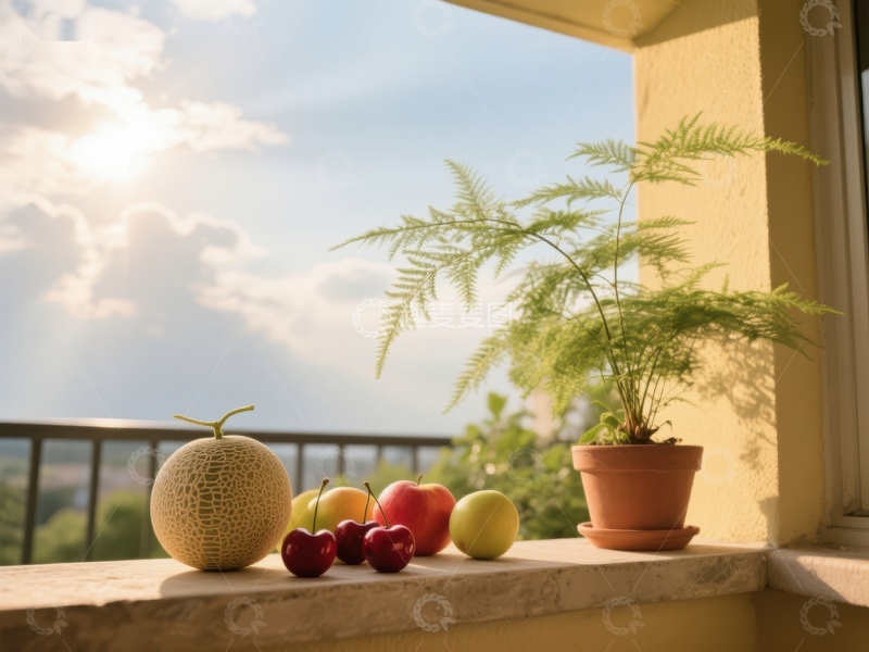 高清大图下载【趣麦麦图】窗台上的水果与绿植
