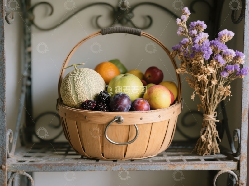 高清大图下载【趣麦麦图】篮子里的水果与干花装饰