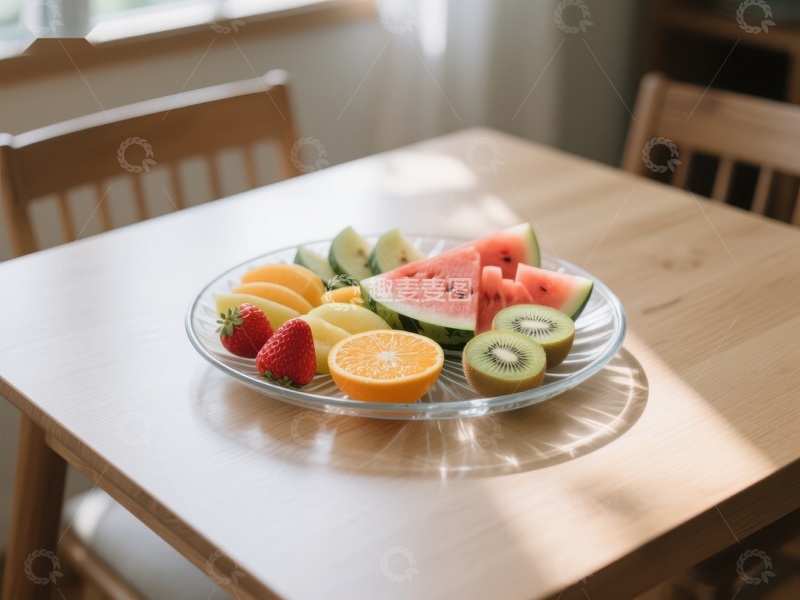 高清大图下载【趣麦麦图】新鲜水果拼盘置于木质餐桌