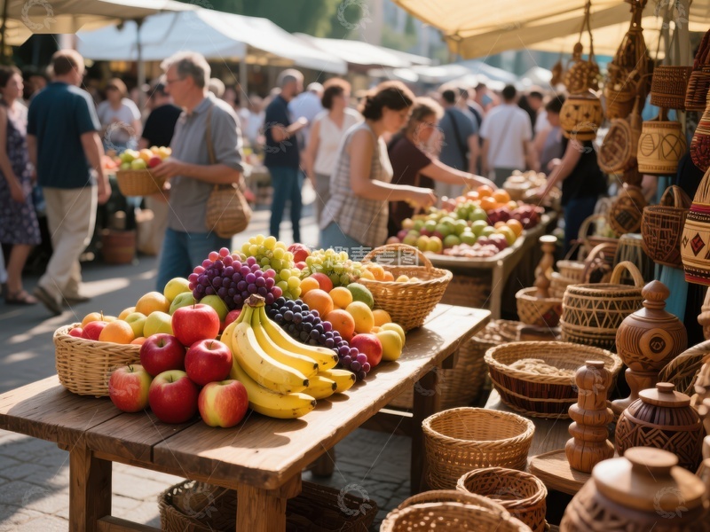 高清大图下载【趣麦麦图】热闹集市上的水果与手工艺品