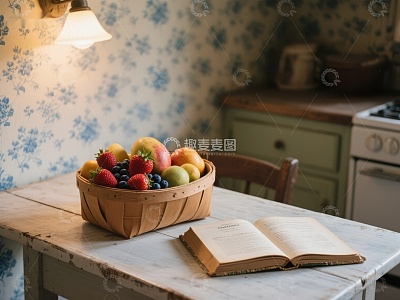 厨房桌上的水果篮与翻开的书