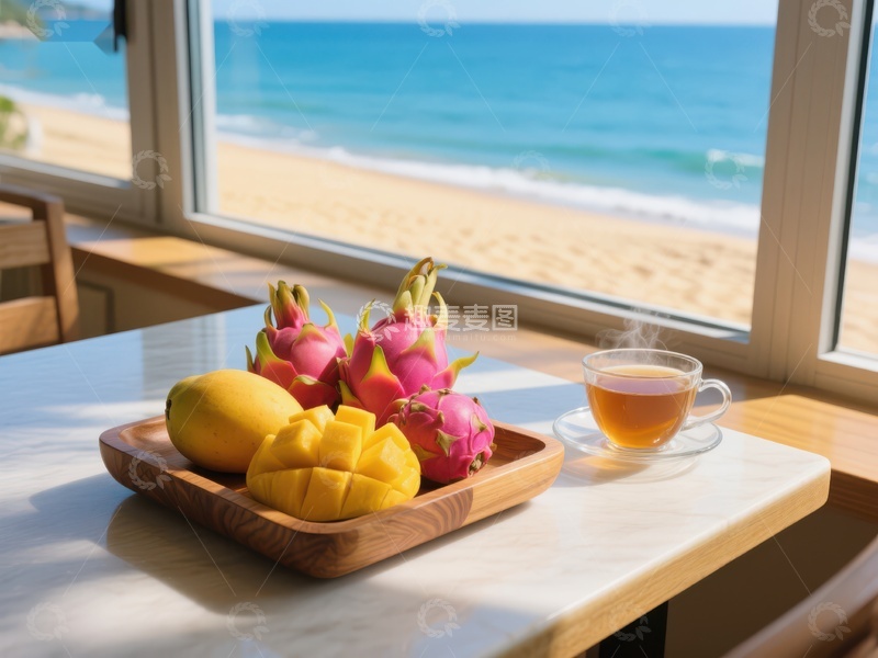 高清大图下载【趣麦麦图】海边窗前的热带水果与热茶