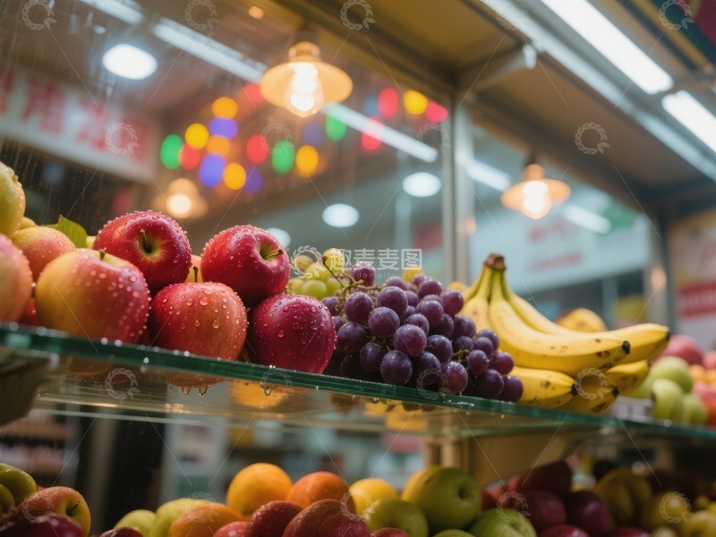 高清大图下载【趣麦麦图】水果摊上的新鲜苹果、葡萄和香蕉