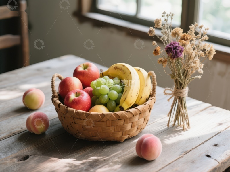 高清大图下载【趣麦麦图】水果篮与干花装饰的温馨桌面