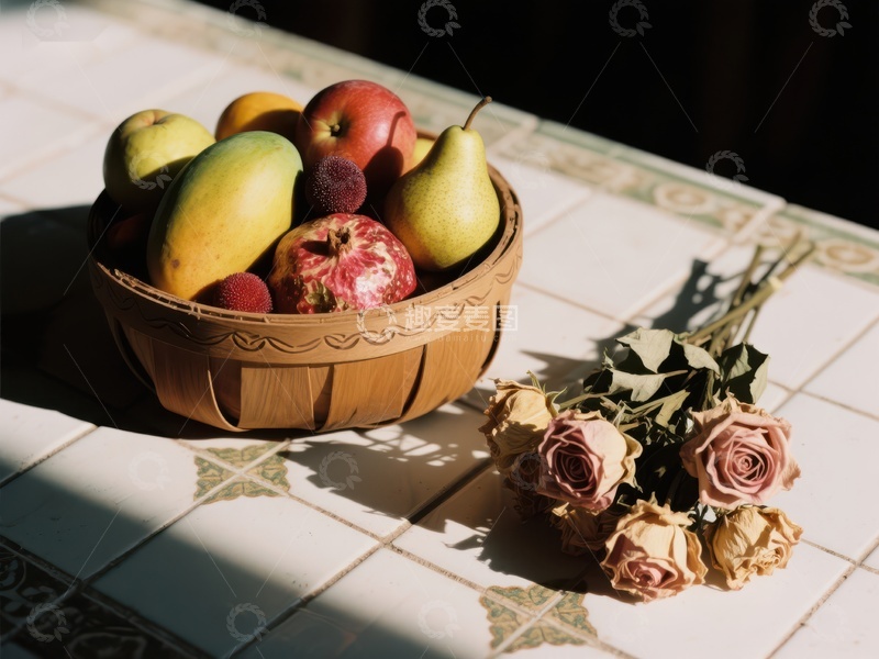 高清大图下载【趣麦麦图】水果篮与干花的静物组合